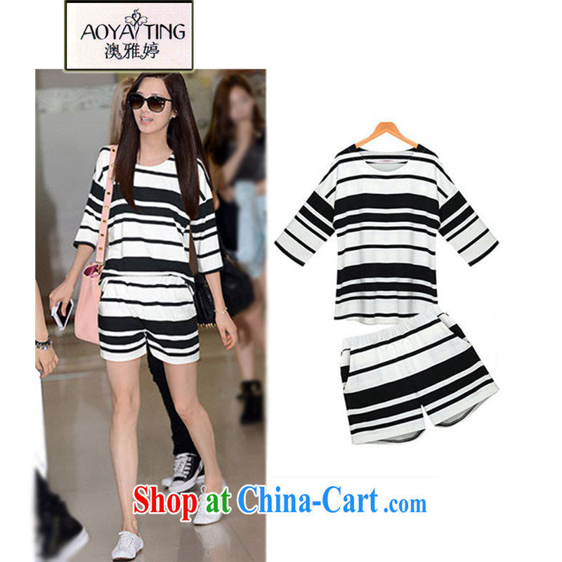 o Ya-ting 2015 new and indeed XL women mm thick summer wear loose short sleeve shirt T shorts video thin Kit black and white striped two-piece 4 XL recommends that you 160 - 180 jack