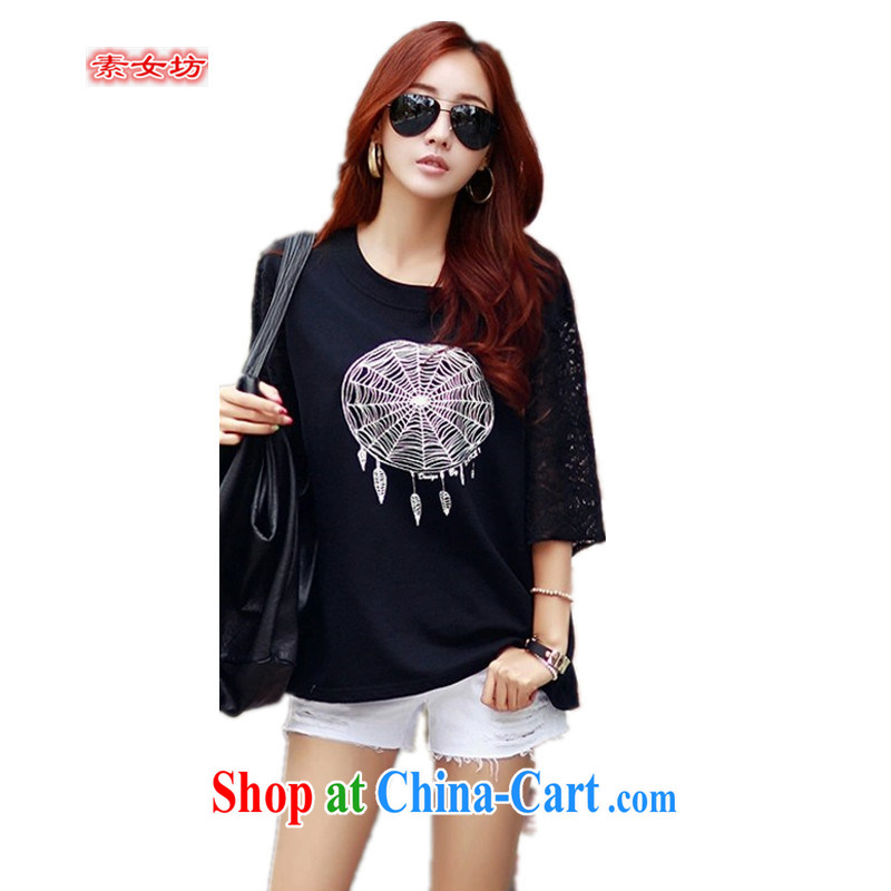 Pixel girl workshop 2015 spring and summer new Openwork lace loose larger female pure cotton T-shirt 3003 black XXL