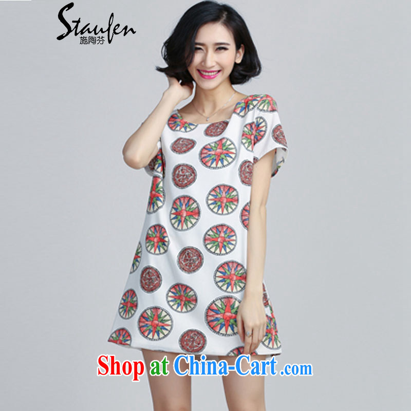Shi Tao, 2015 summer maximum code thick snow MM woven retro stamp dresses 8074 white 5 XL