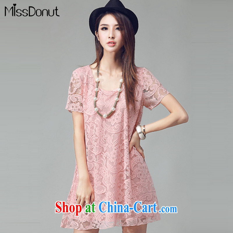 MissDonut summer 2015 New, and indeed increase, female Korean mm thick loose, long, short-sleeved thick sister lace dresses pink large code 4 XL