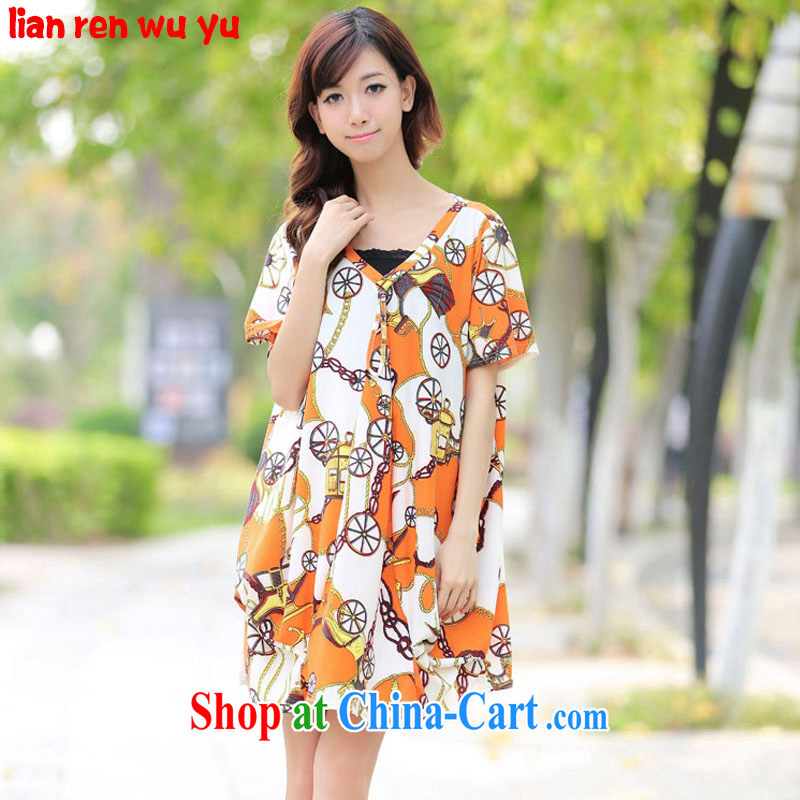 LRWY idyllic small fresh thick MM ultra-loose the fat stamp short-sleeved dresses girls summer small sexy V collar graphics thin large code dresses mom with maternity dress picture color codes - For 100 jack - 200 catties MM