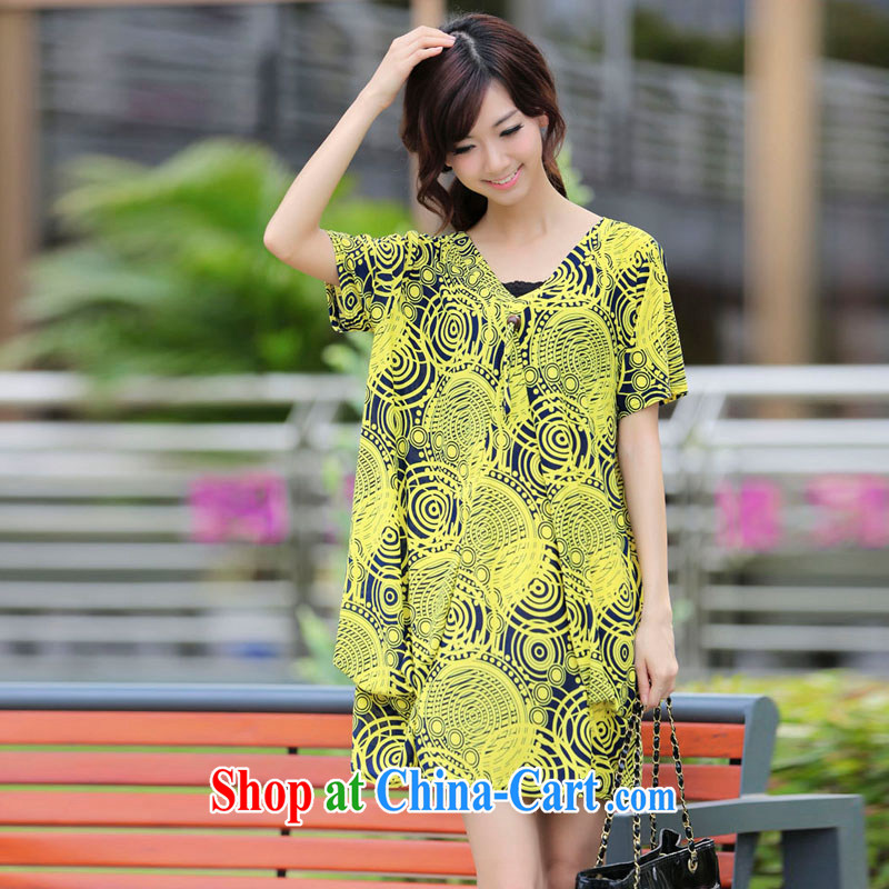 LRWY 2015 summer new king size code lines V stamp duty for loose short-sleeved dresses dresses, older 200 Jack fat people clothes fat lady with yellow are codes - For 100 jack - 200 catties MM, lian Ren wu yu, on-line shopping