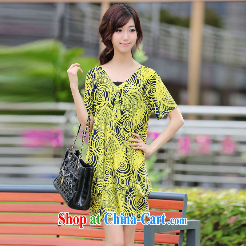 LRWY 2015 summer new king size code lines V stamp duty for loose short-sleeved dresses dresses, older 200 Jack fat people clothes fat lady with yellow are codes - For 100 jack - 200 catties MM, lian Ren wu yu, on-line shopping