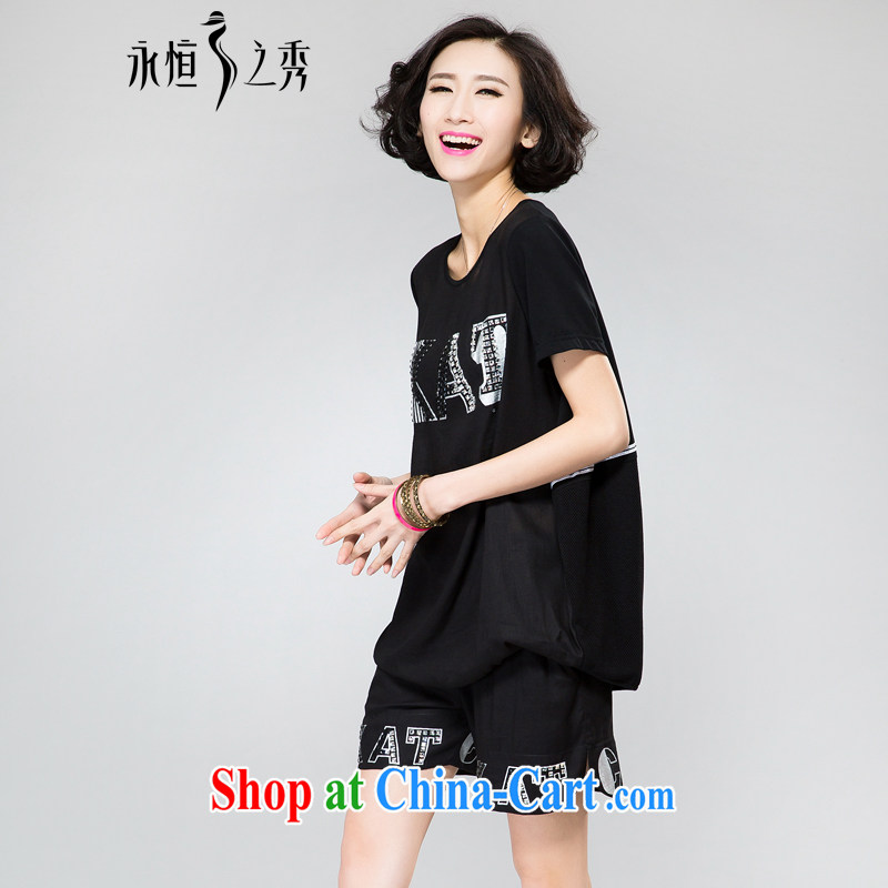 Eternal-soo and indeed increase, female video thin package thick sister 2015 summer new thick mm thick, graphics thin, drill stamp T-shirt pants two piece black 4XL, eternal, and the show, the online shopping