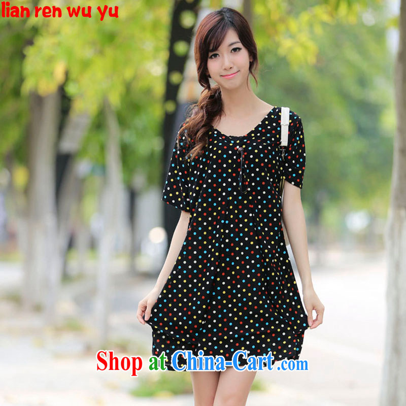Summer LRWY ultra-liberal hit color wave-stamp short-sleeved dresses girls and indeed increase in older 200 Jack ultra-thick V short skirt lady is black, code - for 100 jack - 200 catties MM