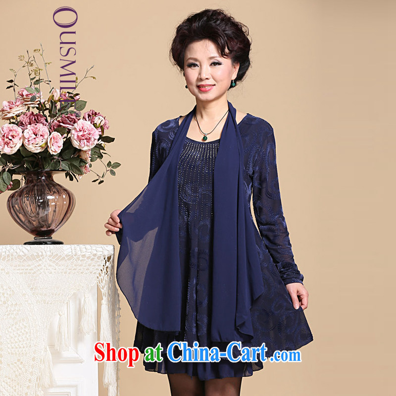 Ousmile 2015 spring new summer Fashion Hot drilling thick mom with dresses in the elderly, female 09 long-sleeved blue 5 XL