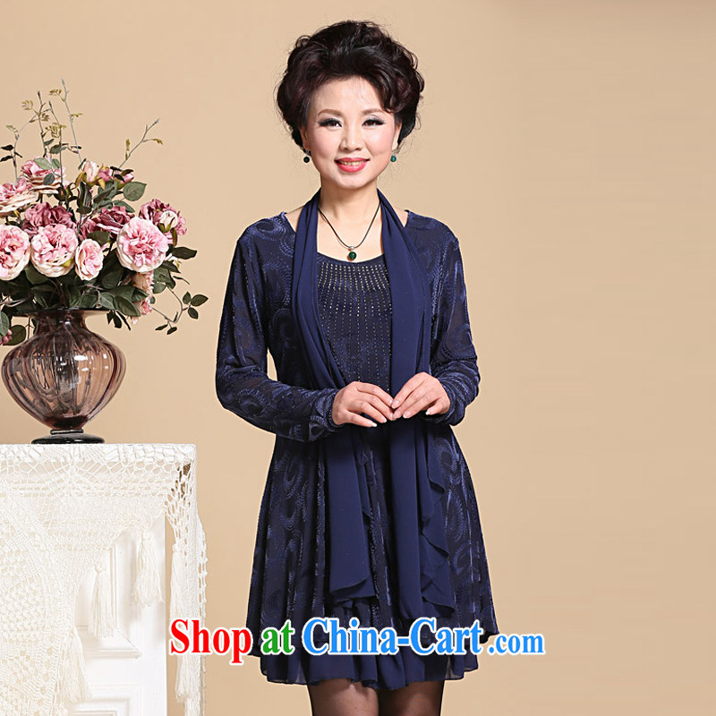 Ousmile 2015 spring new summer Fashion Hot drilling thick mother load dresses, older larger female 09 long-sleeved blue 5 XL, Ousmile, shopping on the Internet