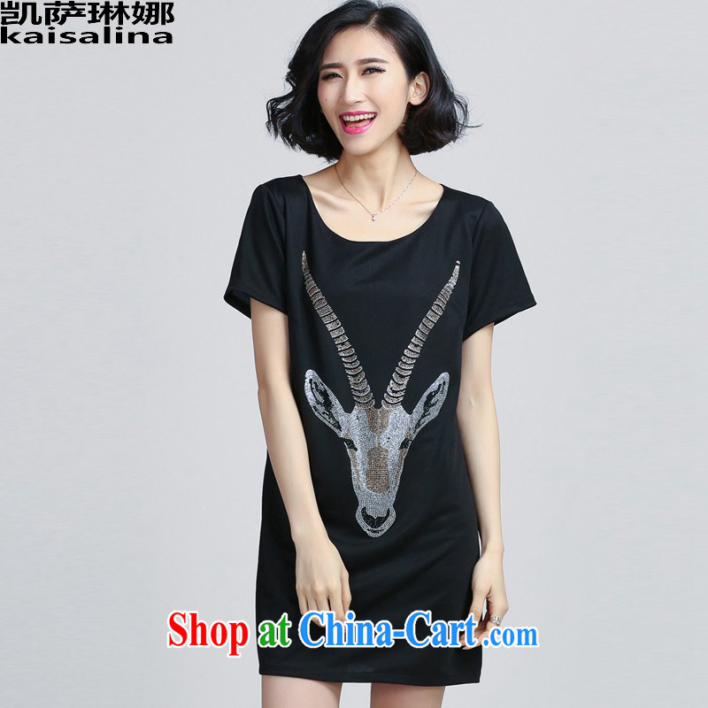 Catherine, summer 2015 new Korean version 200 Jack thick MM the ventricular hypertrophy, female hot drill short-sleeved dresses black XXXXXL, Catherine (kaisalna), shopping on the Internet