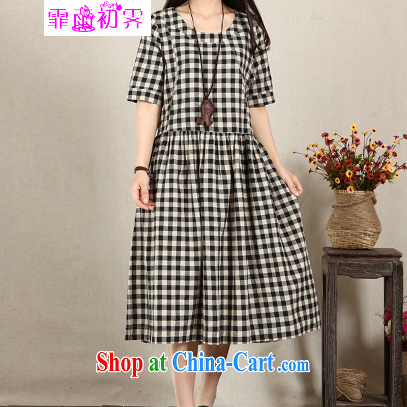 Onpress International Rain underglaze early summer 2015 with new retro checked short-sleeved dress style relaxed cotton Ma long skirt 529 blue-and-white grid M