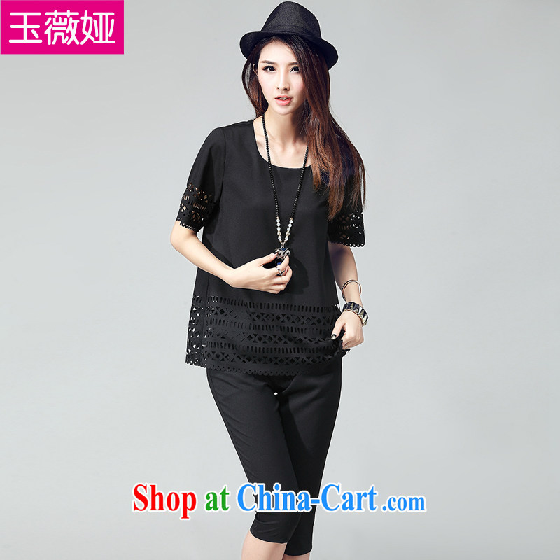 Jade her summer 2015 new products, female simple cutouts Openwork leisure fashion two-piece Load Graphics thin short-sleeve T-shirt shirt female black 4 XL _recommendations 160 - 180 jack_