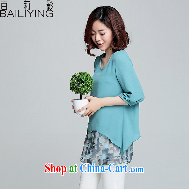 100 Li film summer 2015 new products increase the fat round collar cuff leave two long, snow-woven shirts T-shirt light blue 4 XL - recommendations 165 - 180 jack