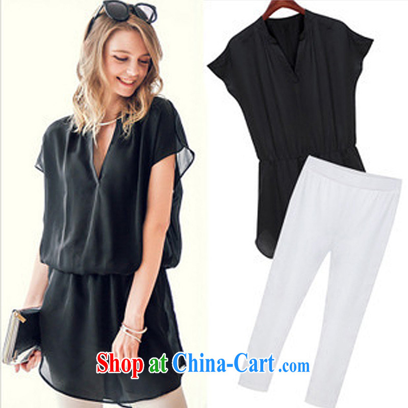 RN Europe 2015 new, larger female summer V collar short-sleeved snow woven shirts 7 pants thick mm package, the black white XXXXXL = 175 - 200 jack, RuNa, and shopping on the Internet