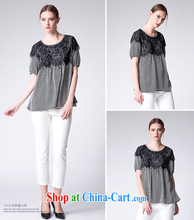 Yi express high-end large, female 2015 summer round-collar lace stitching loose video thin stripes short-sleeved shirt T A 2564 gray 5 XL pictures, price, brand platters! Elections are good character, the national distribution, so why buy now enjoy more preferential! Health
