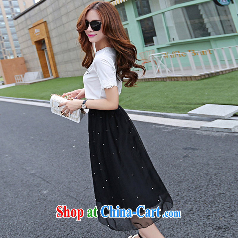 Yuan Bo summer new Korean dresses thick MM 200 Jack large, female loose video thin two-piece short-sleeved T shirt + skirt white + black skirt 1785 XL 2 135 - 145 Jack left and right, Bo, and shopping on the Internet