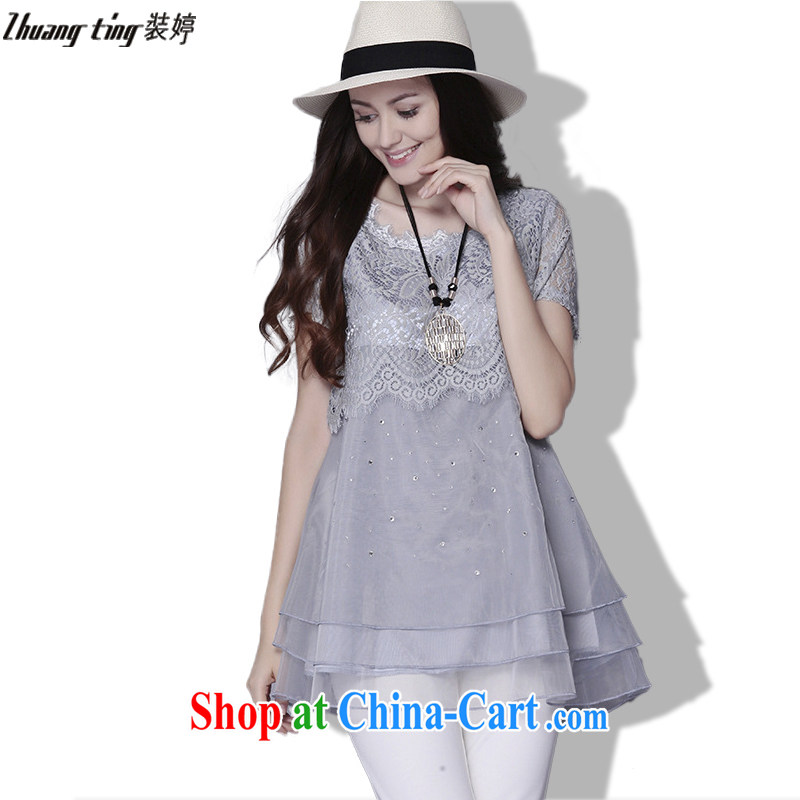 Replace-ting zhuangting fat people graphics thin summer 2015 the Code women with high-end European and American plus obesity sister short-sleeved European root Elizabeth lace shirt 669 silver 5 XL