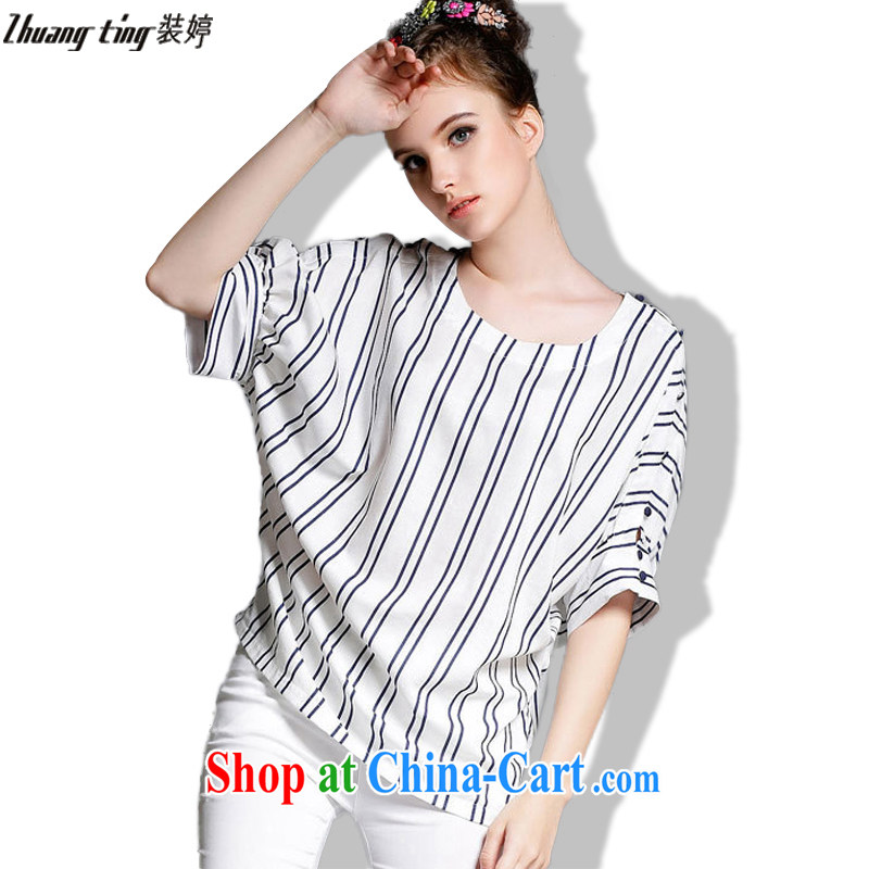 Replace-ting zhuangting summer 2015 the code female high-end European linens bat sleeves loose round-collar striped shirt 1881 photo color 4 XL