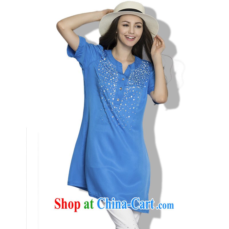 The load-ting -- thick, graphics thin 2015 summer new, high-end European and American thick mm larger female increase the fat loose short-sleeved Silk Dresses 1088 blue 5 XL, Ting (zhuangting), online shopping