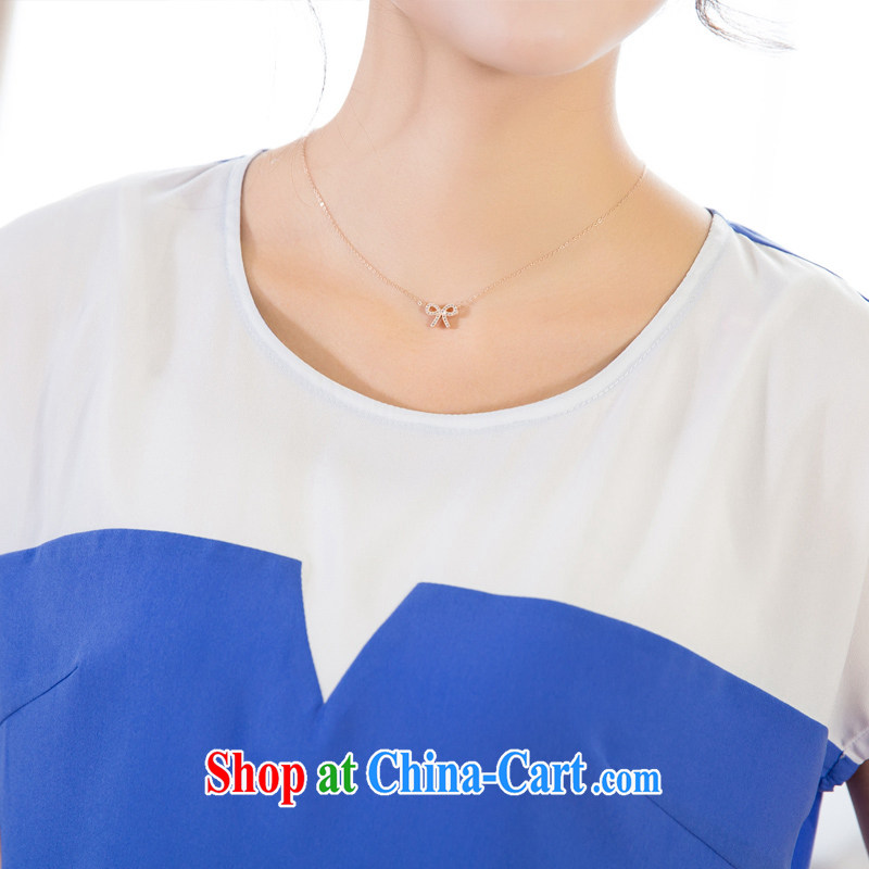 Huan Zhu Ge Ge Ge 2015 summer new Korean version is indeed the increase, women with thick mm video thin knocked color stitching short-sleeved T-shirt T-shirt snow woven shirts 5160 blue 4 XL, giggling auspicious, shopping on the Internet