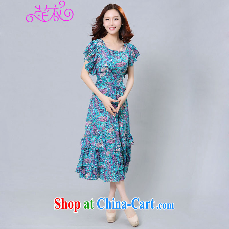 Constitution, 2015 new summer mm thick Korean chopper flowers fly cuff cultivating cotton beach dresses and ventricular hypertrophy, female video thin-waist resort long skirt blue large XL 3 155 - 170 jack