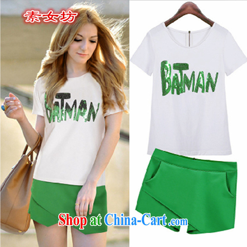 Women of 2015 workshop on the United States and Europe is increasing, female fat mm sister summer new short-sleeved short skirts trousers two piece set with 9076 graphics thin, green 4 XL recommendations 160 - 175 jack