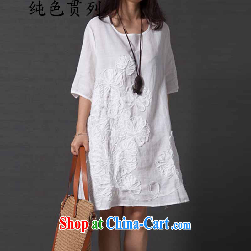 Pure color has always list summer 2015 new Korean version of the greater code ladies dress loose embroidered short sleeves cotton the skirt white XXL