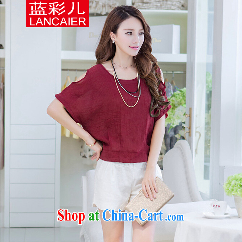 Blue colored Children Summer stylish Korean version the Code covered shoulders short-sleeved cotton Ma T-shirt with white shorts two-piece lounge suite wine red S