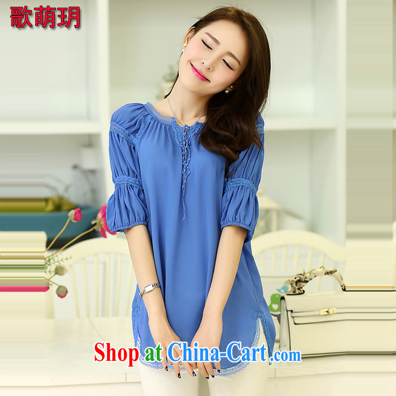 Song Meng Yin Yue XL ladies' summer new Korean loose lace shirt short-sleeved video thin ice woven shirts R 1085 blue 3 XL _150 - 165 _ jack