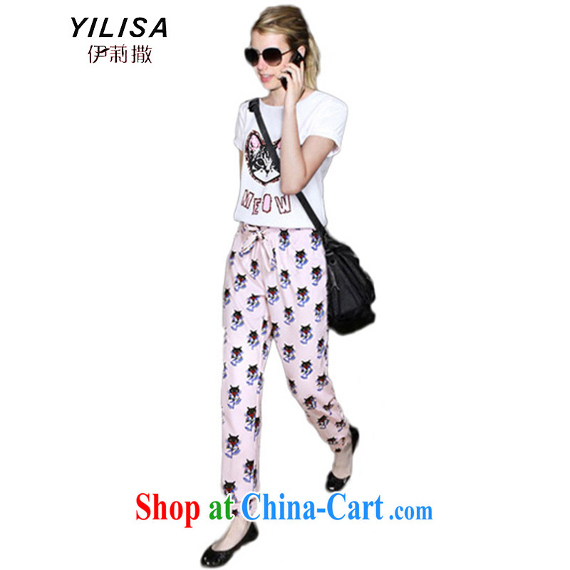 2015 YILISA in Europe and the Code women mm thick summer short-sleeved T-shirt and indeed graphics thin ice woven castor pants, trousers Leisure package M 322 Map Color XXXL for 150 - 170 jack