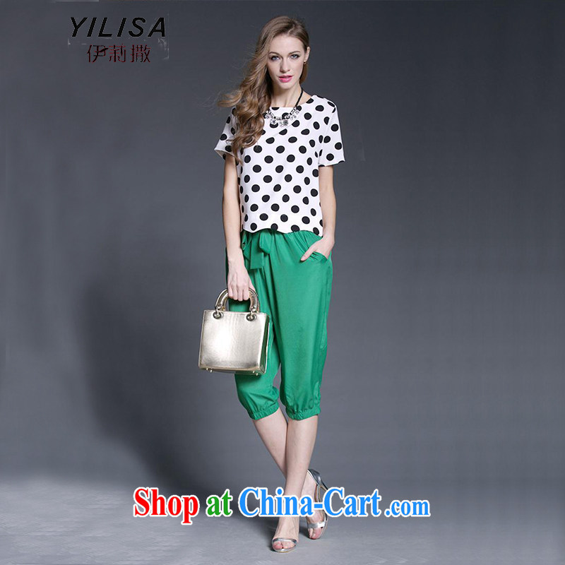 Europe YILISA larger female summer thick MM new retro dot sunscreen snow woven shirts T-shirts, 7 pants two-part kit Y 9052 Map Color XXXL