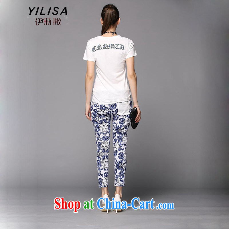 YILISA new, greater Europe, female fat mm summer cotton short-sleeved blue and the dyeing T-shirts and indeed graphics skinny legs pants Kit Y 9075 Map Color 5 XL, she sub-Saharan (YILISA), online shopping