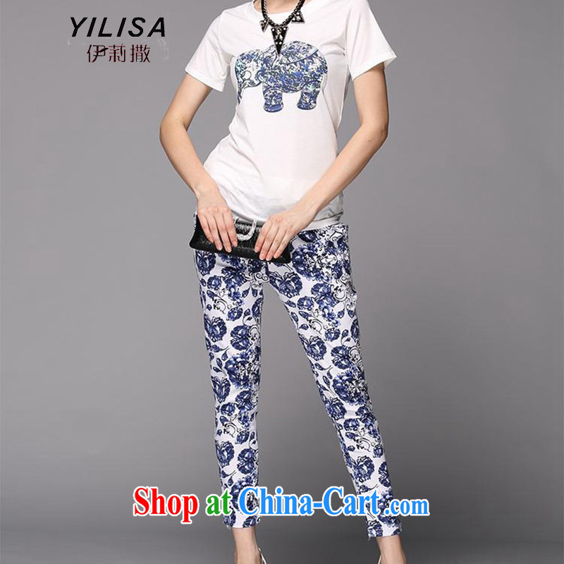 YILISA new, greater Europe, female fat mm summer cotton short-sleeved blue and the dyeing T-shirts and indeed graphics skinny legs pants Kit Y 9075 Map Color 5 XL, she sub-Saharan (YILISA), online shopping