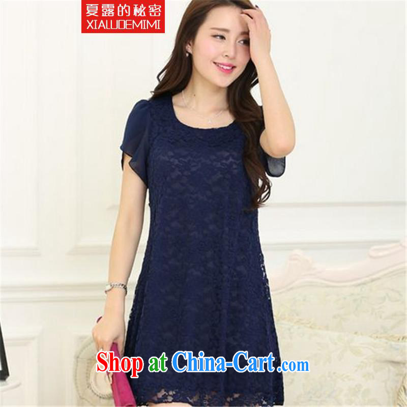 Summer terrace of the secret 2015 and indeed XL lace short-sleeved dress short-sleeved video thin female dark blue large code 4 XL
