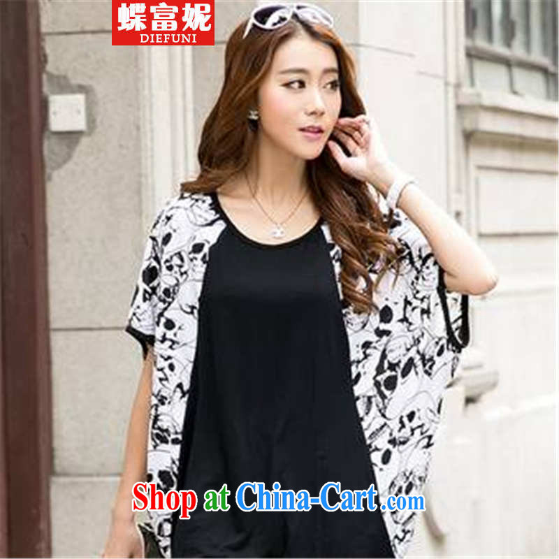 Butterfly rich Connie 2015 Korean version the code personality female summer thick MM pure cotton short-sleeved relaxed casual bat sleeves shirt T black large code XXL