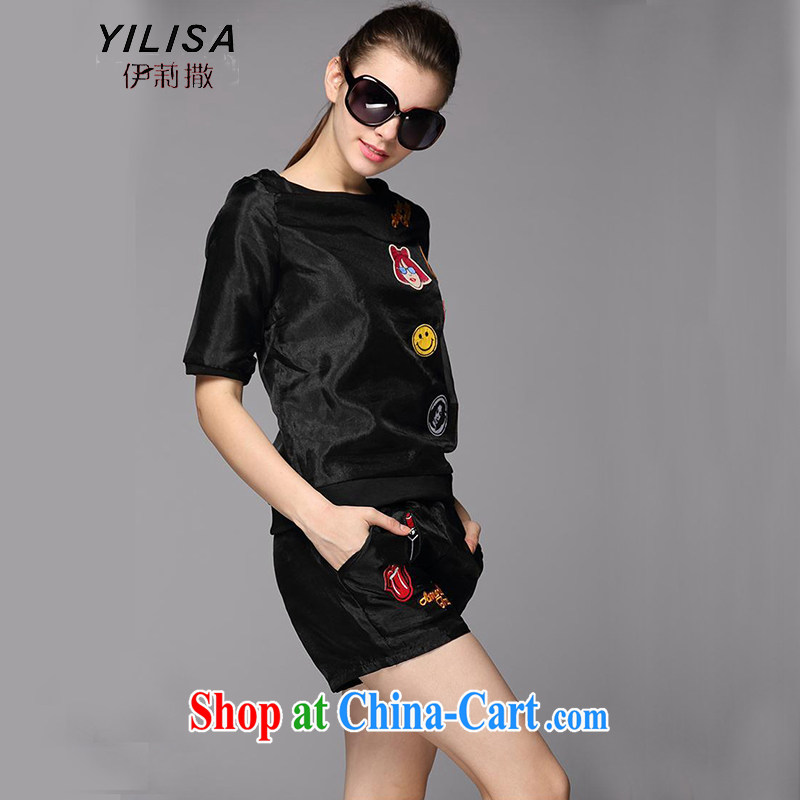 YILISA spring and summer new European site small Hong Kong Wind thick MM large code female cute cartoon short-sleeved T-shirt shorts sport and leisure package Y 9070 black XXXL