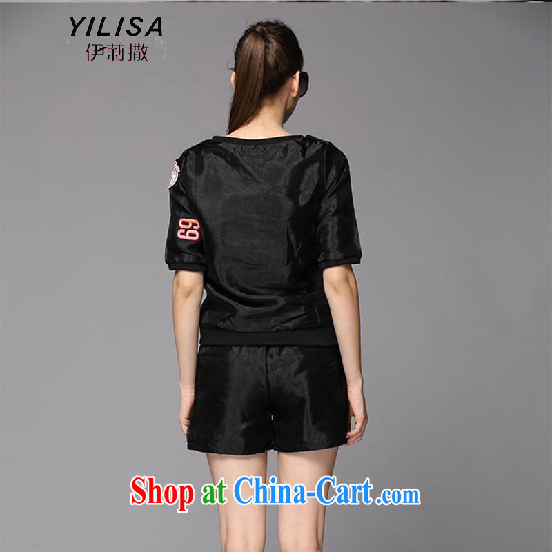YILISA spring and summer with new European site small Hong Kong Wind thick MM large, female cute cartoon short-sleeved T-shirt shorts sport and leisure package Y 9070 black XXXL, Ms. sub-Saharan (YILISA), online shopping