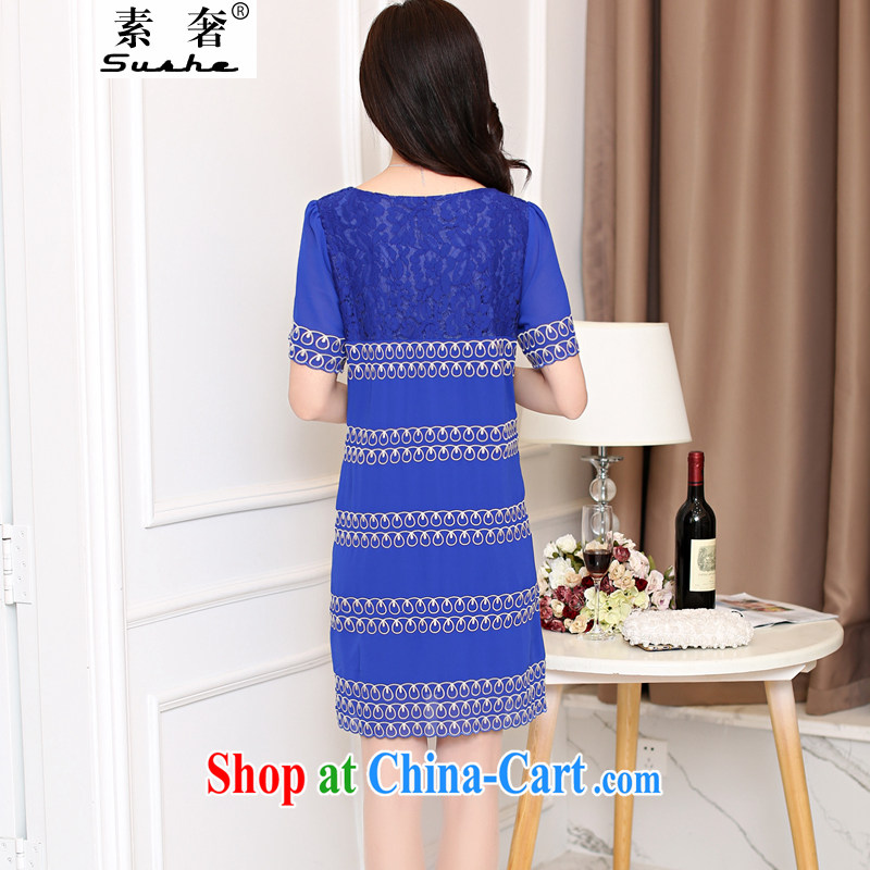 luxury of 2015 XL female loose video thin Korean version thick MM summer short-sleeved dresses snow-woven spell lace dresses girls royal blue 4 XL weight 160-175, extravagance, and shopping on the Internet