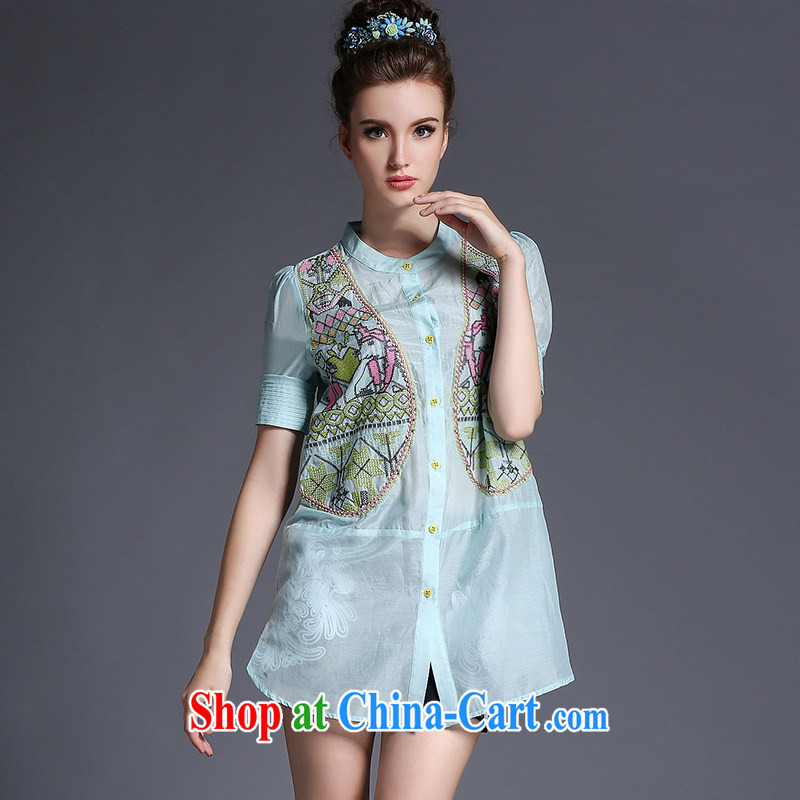 The Connie was a high-end European and American 2015 summer new short-sleeved shirt girls and indeed increase, female Jack 200 mm thick geometric embroidery shirt female G 683 honeydew XXL, Connie dreams, and shopping on the Internet