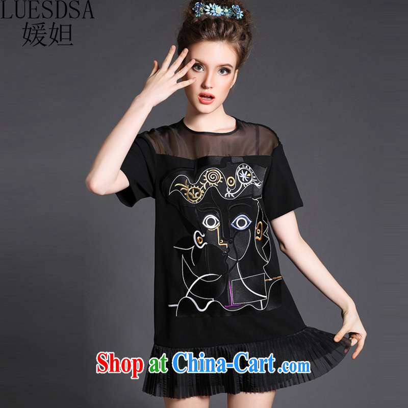 Yuan Zobaida Jalal 2015 spring and summer, the United States and Europe, the female loose mask poverty video thin short-sleeve embroidery flower mm thick snow woven dresses YD 146 black 3 XL