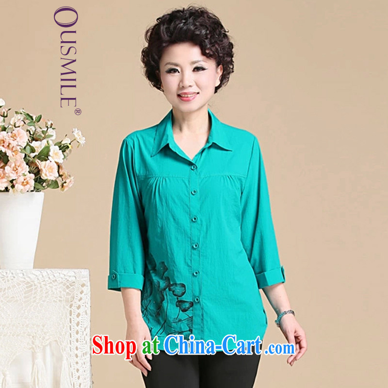 2015 Ousmile relaxed casual shirt solid middle-aged mother with stylish long-sleeved shirt in the elderly, female summer 165 blue XL