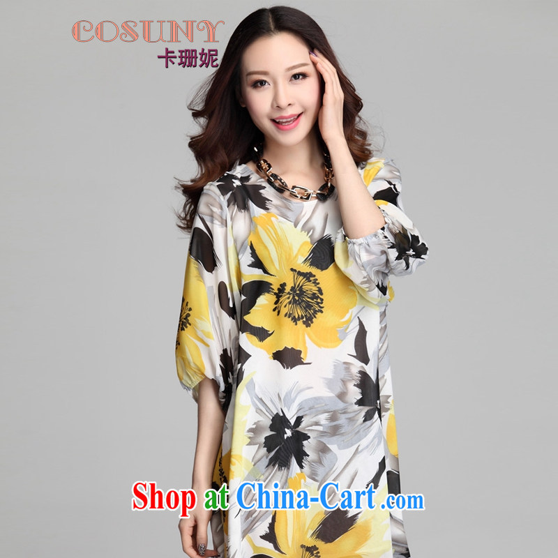 The drought and Connie 2015 spring and summer new paragraph 5 sub-cuff bubble sleeve loose the code snow woven shirts dresses the flowers stamp skirt mother load K 7510 yellow XXXL, drought and Connie (COSUNY), online shopping