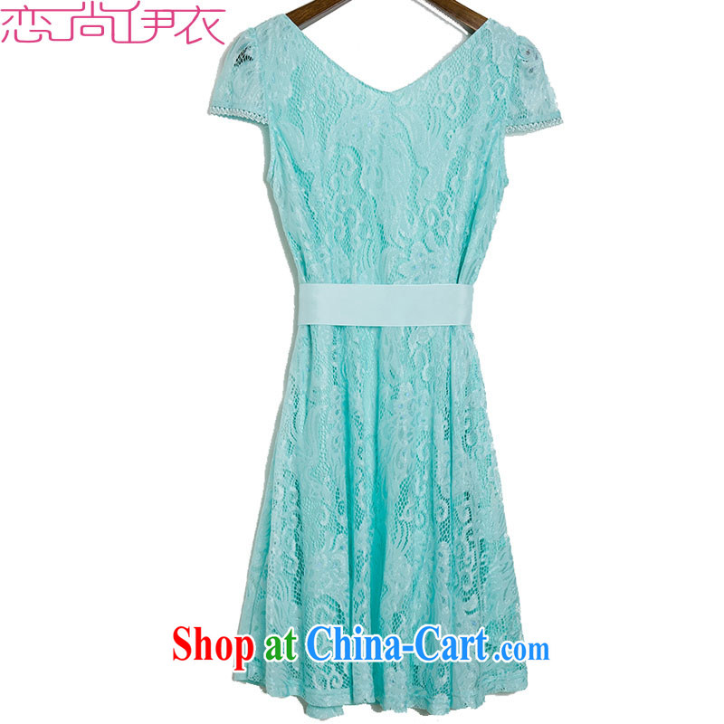 The package mail and ventricular hypertrophy, dresses 2015 new summer sweet V collar lace OL skirts mm thick dress short-sleeved beauty skirt blue 4 XL approximately 170 - 185 jack, land is still the garment, shopping on the Internet