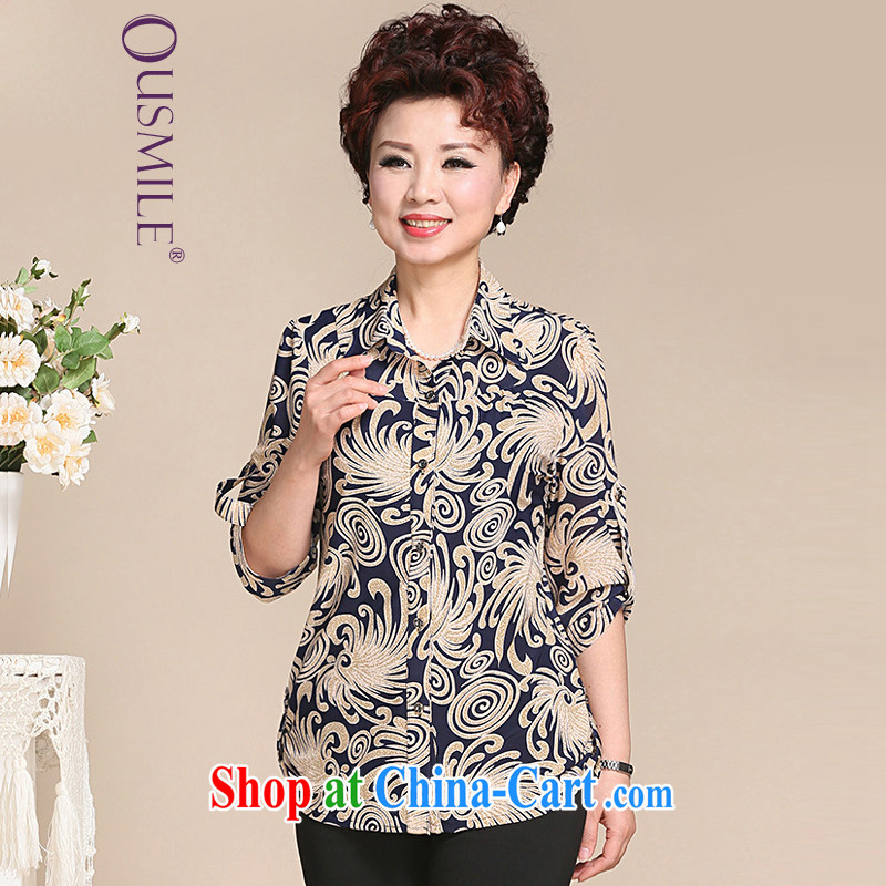 2015 Ousmile Korean spring and summer 7 sub-T-shirt stylish MOM replacing jacquard shirt in the elderly, female 726 sleeves in blue 4 XL