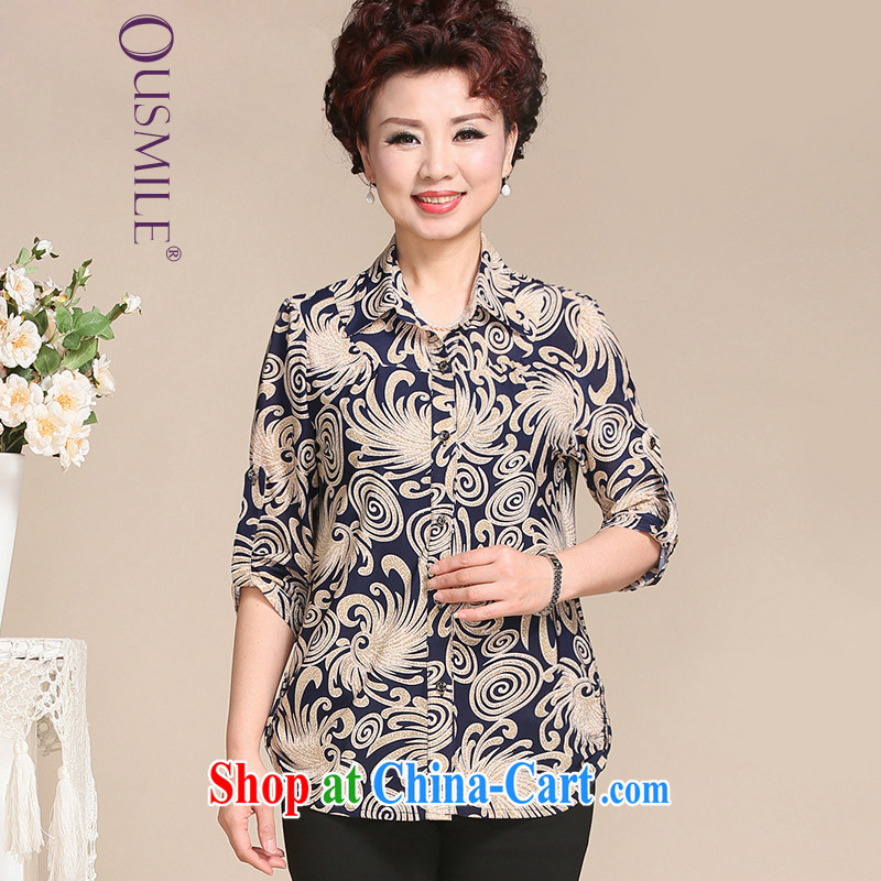 2015 Ousmile Korean spring and summer 7 T-shirt stylish mom with jacquard shirt, the elderly, women in 726 cuff blue 4 XL, Ousmile, shopping on the Internet