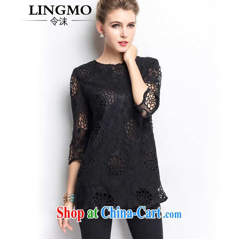 The bubbles in Europe and big and fat increases, female spring and summer with thick mm hook flower Openwork lace snow woven shirts, sleeveless black European site new 3 XL recommendations 162 - 175 jack
