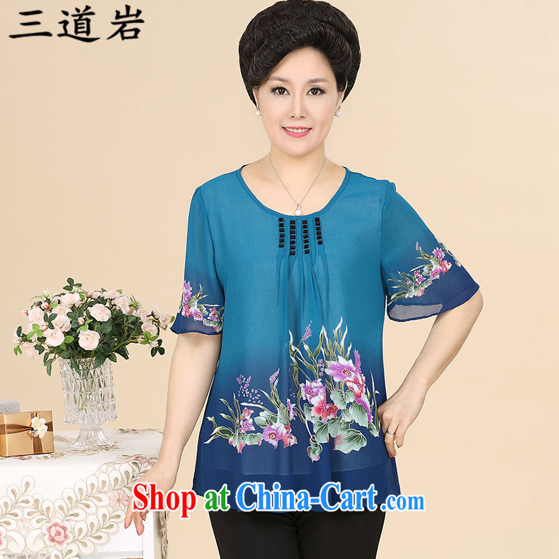 3 road rock 2015 summer happy mom with rich floral and elegant fresh the old style, older short-sleeved round neck snow woven shirts YF 120 Lake blue XXXXL