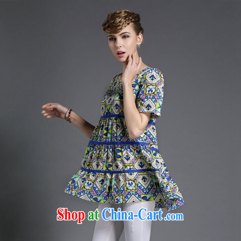 The spray high in Europe and America, the girl with the FAT and FAT MM summer long, floral short-sleeved cascading A-loose video thin ice woven shirts T-shirt blue floral XL code, the droplets, online shopping