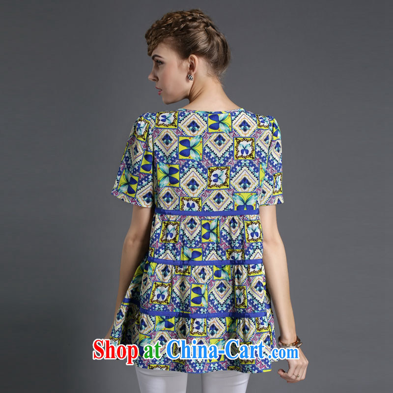 The spray high in Europe and America, the girl with the FAT and FAT MM summer long, floral short-sleeved cascading A-loose video thin ice woven shirts T-shirt blue floral XL code, the droplets, online shopping