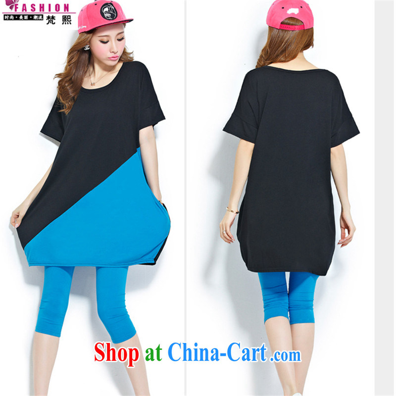 Van Gogh Hee-pregnant women pregnant women with dresses summer is the thick MM loose hit color stitching short-sleeved shirt T larger T shirt, long, Korean lax T-shirt blue spell of XL, Van Gogh-hee, shopping on the Internet