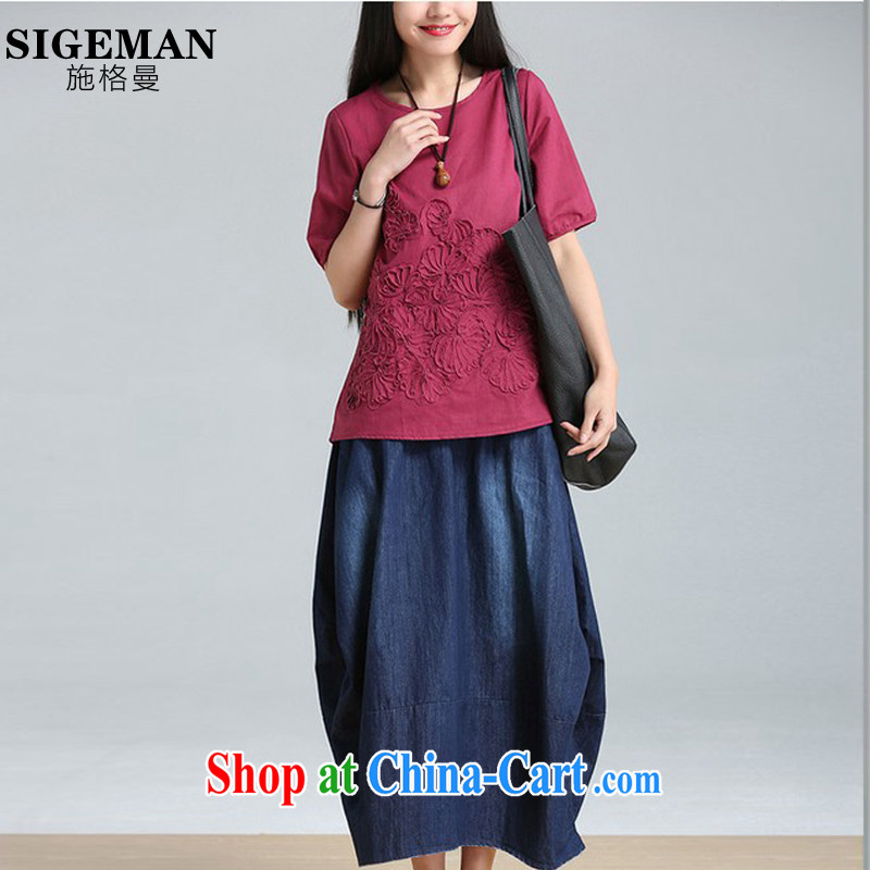 Rate the Cayman 2015 spring and summer with new thick MM loose in the cuff, blouses arts, small fresh ethnic wind short-sleeve shirt T female Tibetan cyan M, the Cayman (SIGEMAN), shopping on the Internet