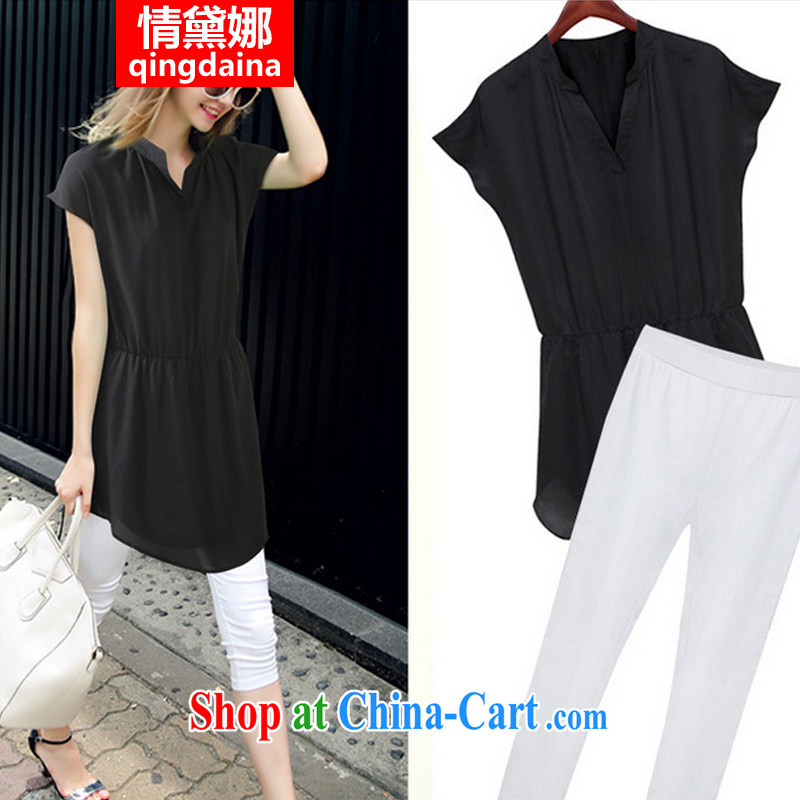 and Diana, in Europe and America 2015 new larger female V short-sleeved snow woven shirts 7 pants thick mm Leisure package summer Black + White pants XXL, Diane (QINGDAINA), online shopping